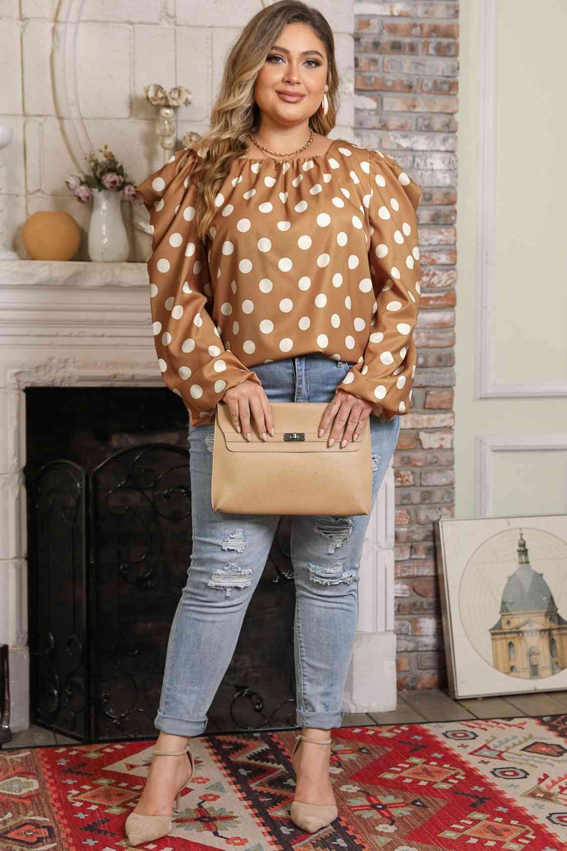 Plus Size Polka Dot Long Sleeve Blouse BLUE ZONE PLANET