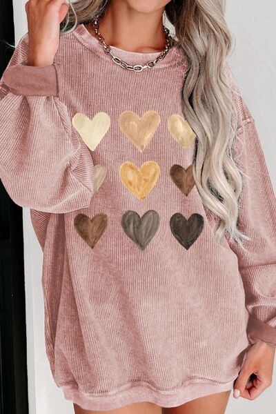 Heart Round Neck Dropped Shoulder Sweatshirt Trendsi