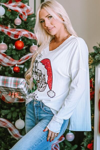 V-Neck Christmas Graphic High-Low Design Long Sleeve Top BLUE ZONE PLANET