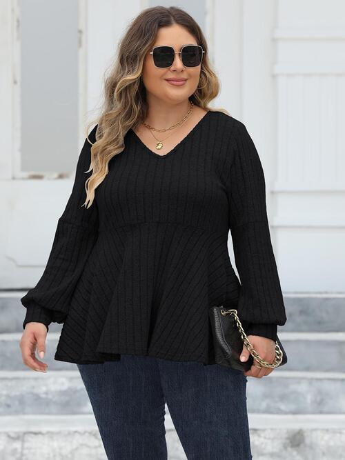 Plus Size Ribbed V-Neck Long Sleeve Blouse BLUE ZONE PLANET