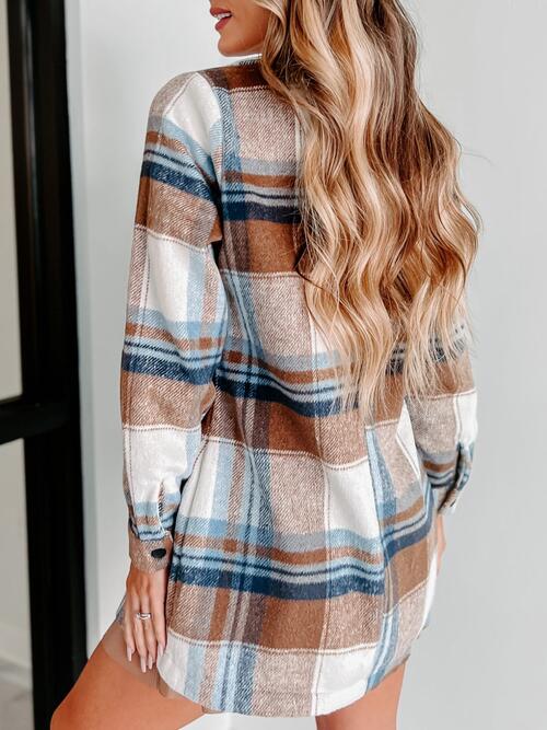 Plaid Double-Breasted Long Sleeve Coat BLUE ZONE PLANET