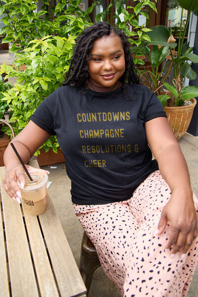 Blue Zone Planet |  Simply Love Full Size COUNTDOWNS CHAMPAGNE RESOLUTIONS & CHEER Round Neck T-shirt BLUE ZONE PLANET