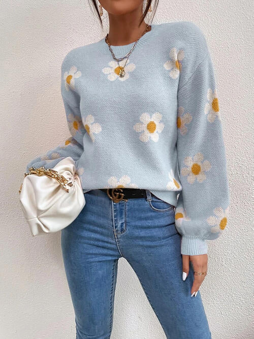 Flower Round Neck Latern Sleeve Sweater BLUE ZONE PLANET