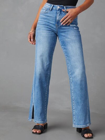 Slit Buttoned Jeans with Pockets BLUE ZONE PLANET