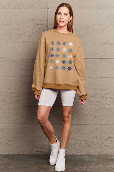 Blue Zone Planet |  Simply Love Full Size Snowflakes Round Neck Sweatshirt BLUE ZONE PLANET