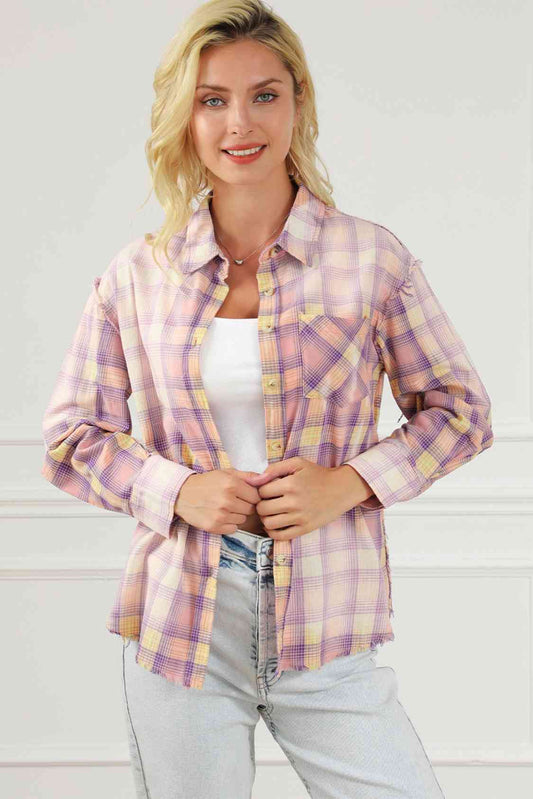 Plaid Button Up Collared Neck Long Sleeve Shirt BLUE ZONE PLANET