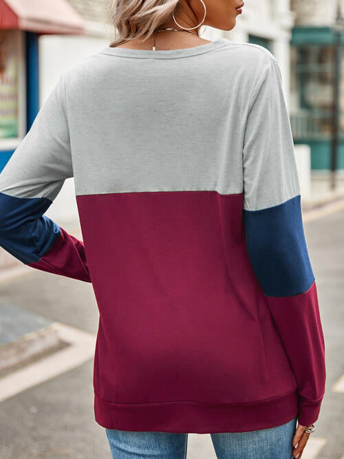 Color Block Cutout Round Neck Long Sleeve T-Shirt BLUE ZONE PLANET