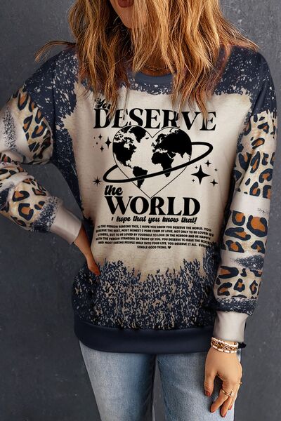 YOU DESERVE THE WORLD Leopard Round Neck Sweatshirt BLUE ZONE PLANET