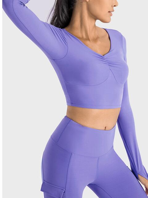 Ruched Cropped Long Sleeve Sports Top BLUE ZONE PLANET