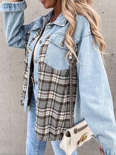 Plaid Button Up Dropped Shoulder Jacket BLUE ZONE PLANET