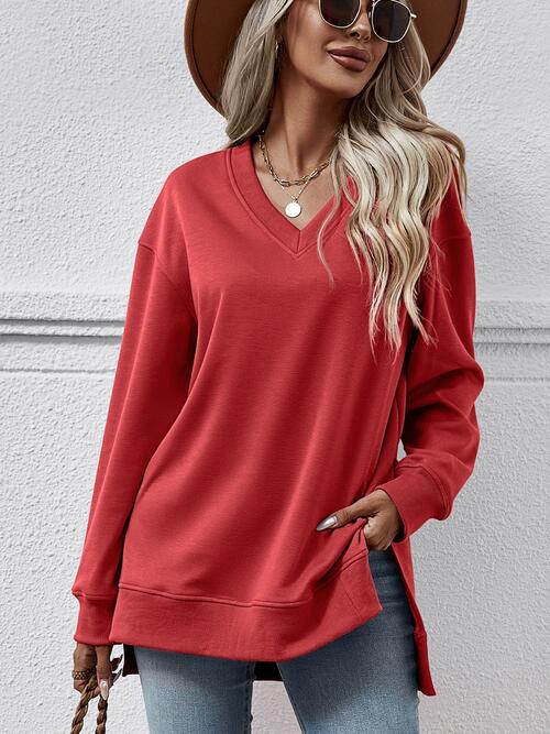 V-Neck Slit Long Sleeve Sweatshirt BLUE ZONE PLANET