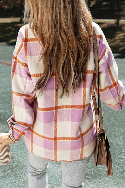 Plaid Button Up Collared Neck Long Sleeve Jacket BLUE ZONE PLANET