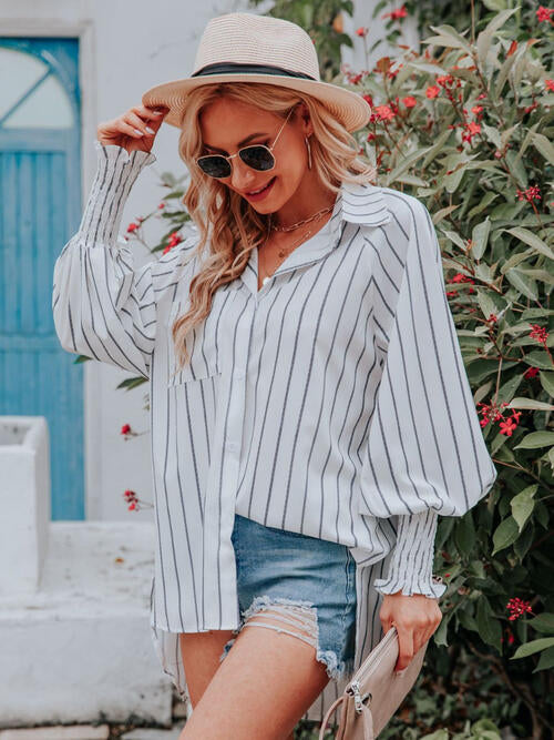 Striped Collared Neck Lantern Sleeve Shirt BLUE ZONE PLANET