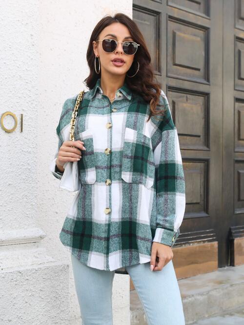 Plaid Button Up Collared Neck Long Sleeve Shirt BLUE ZONE PLANET