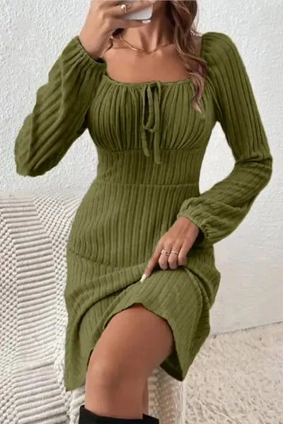 Ribbed Tied Square Neck Long Sleeve Mini Dress BLUE ZONE PLANET