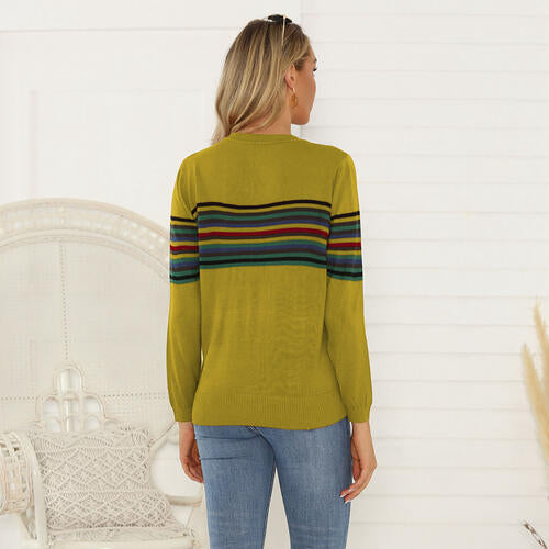 Striped Round Neck Long Sleeve Sweater BLUE ZONE PLANET