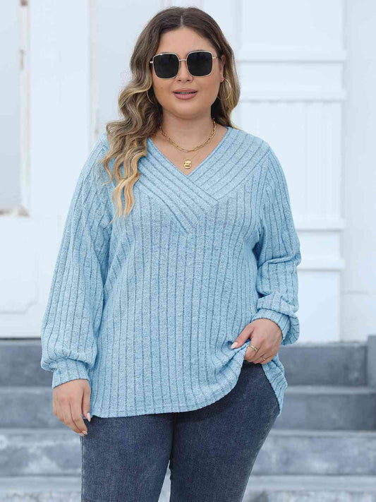 Plus Size Ribbed V-Neck Long Sleeve Top BLUE ZONE PLANET