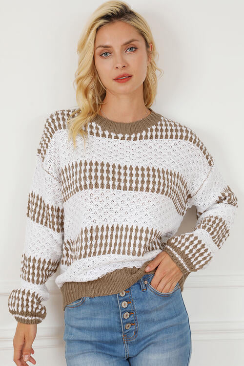 Striped Round Neck Long Sleeve Knit Top BLUE ZONE PLANET