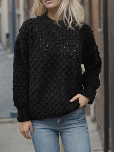 Openwork Round Neck Long Sleeve Sweater BLUE ZONE PLANET