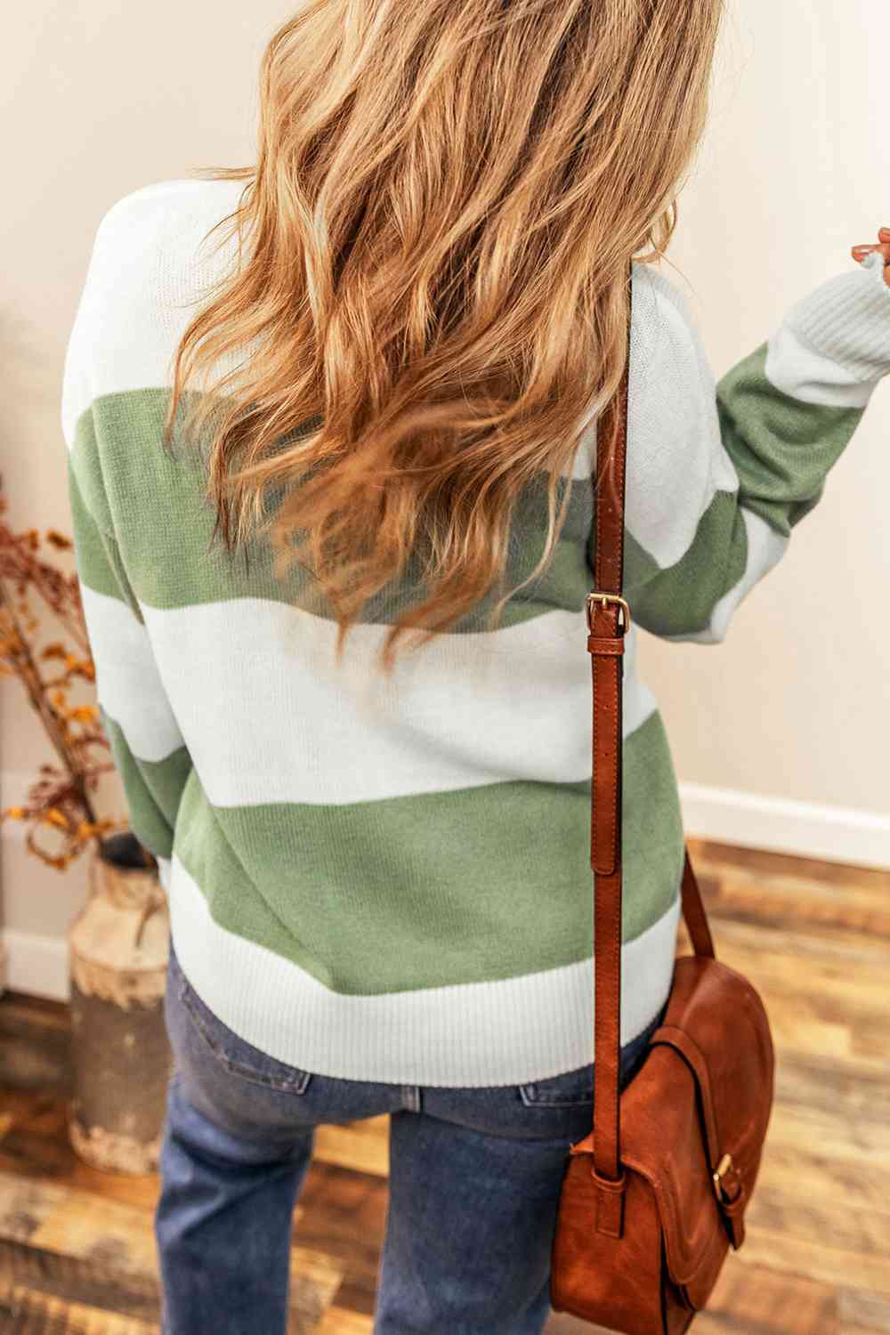 Color Block Round Neck Drop Shoulder Sweater BLUE ZONE PLANET