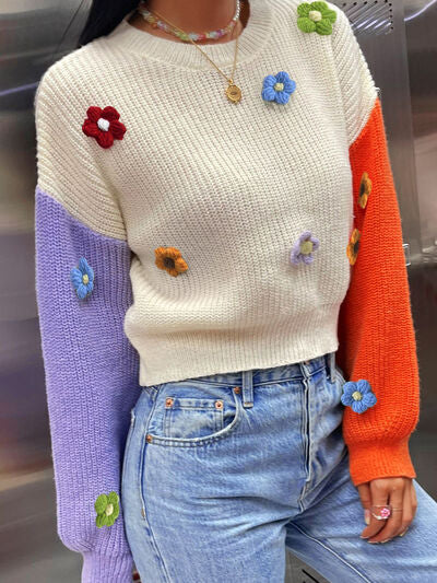 Flower Contrast Round Neck Sweater Trendsi