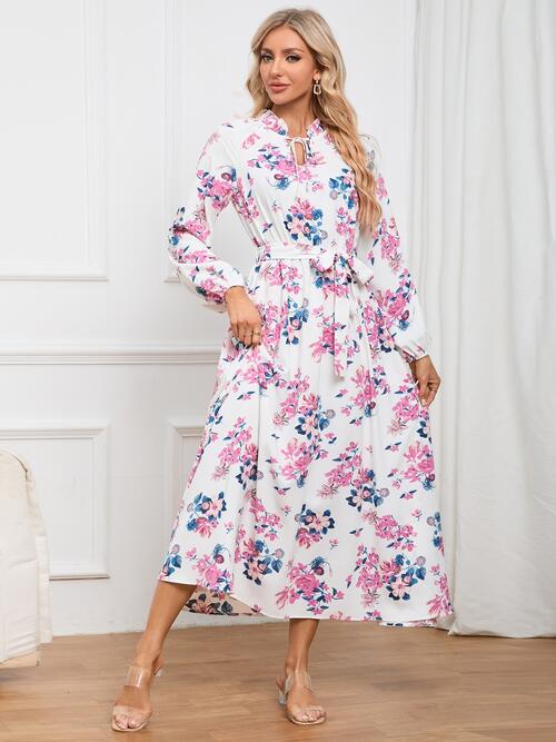 Floral Tie Front Balloon Sleeve Dress BLUE ZONE PLANET