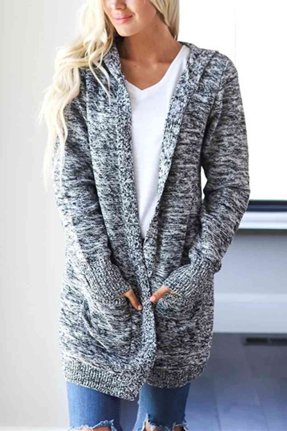 Heathered Open Front Cardigan with Pockets BLUE ZONE PLANET