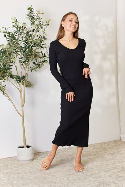 Culture Code Full Size Ribbed Long Sleeve Midi Slit Dress BLUE ZONE PLANET