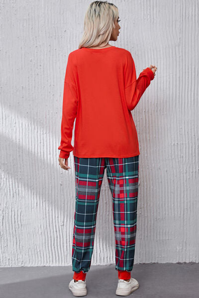 Christmas ALL IS BRIGHT Round Neck Top and Plaid Pants Lounge Set Trendsi