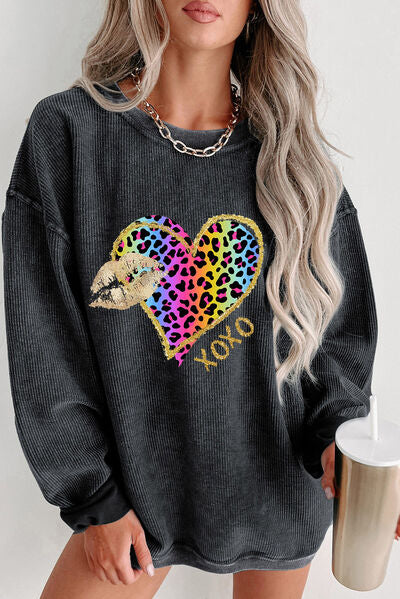 XOXO Leopard Round Neck Sweatshirt-TOPS / DRESSES-[Adult]-[Female]-Charcoal-S-2022 Online Blue Zone Planet