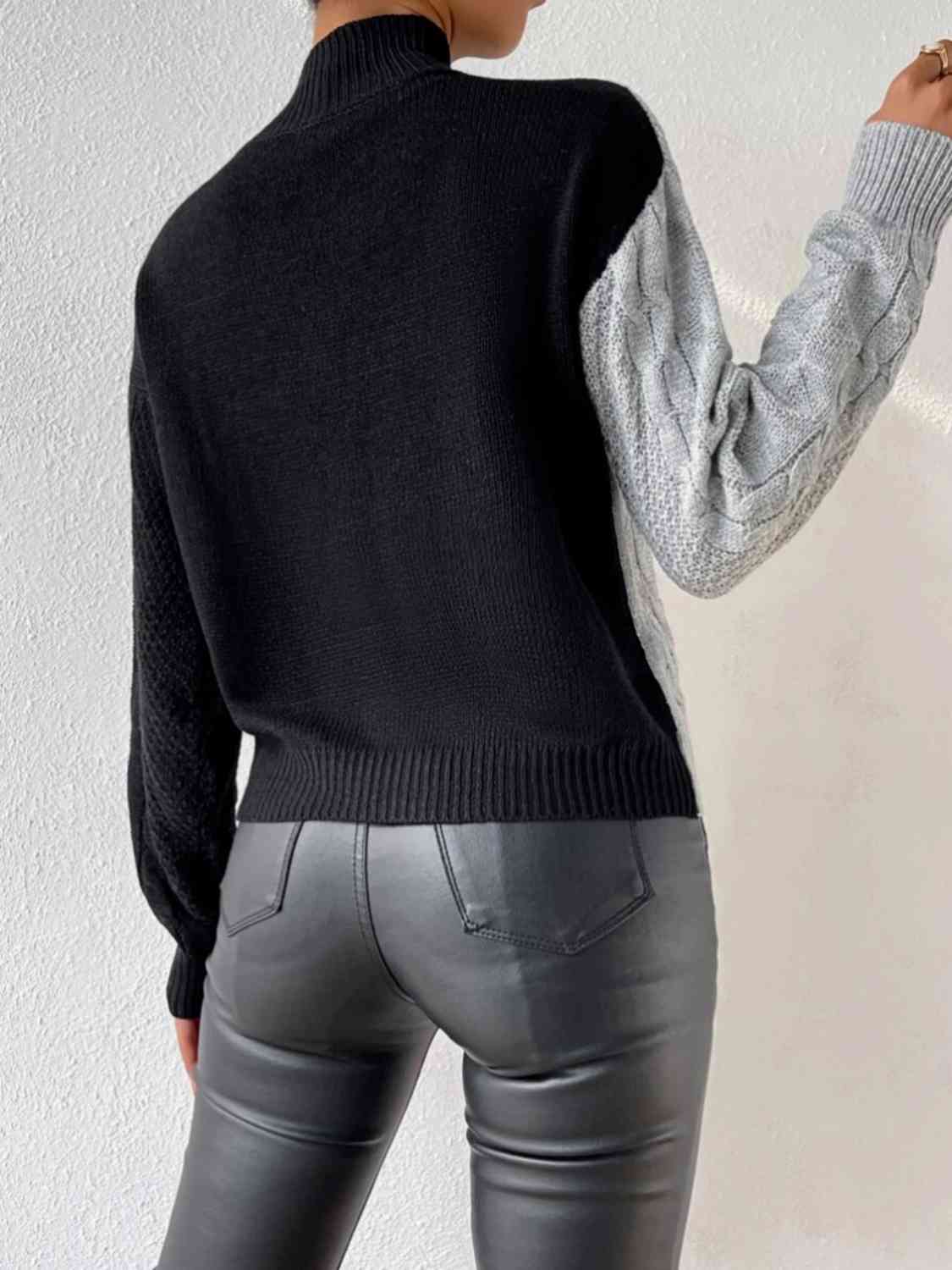 Contrast Mock Neck Cable-Knit Sweater BLUE ZONE PLANET
