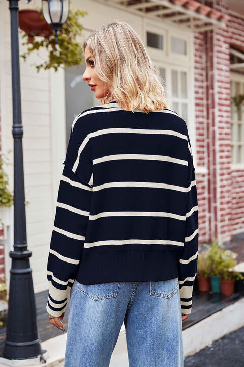 Striped Johnny Collar Sweater BLUE ZONE PLANET