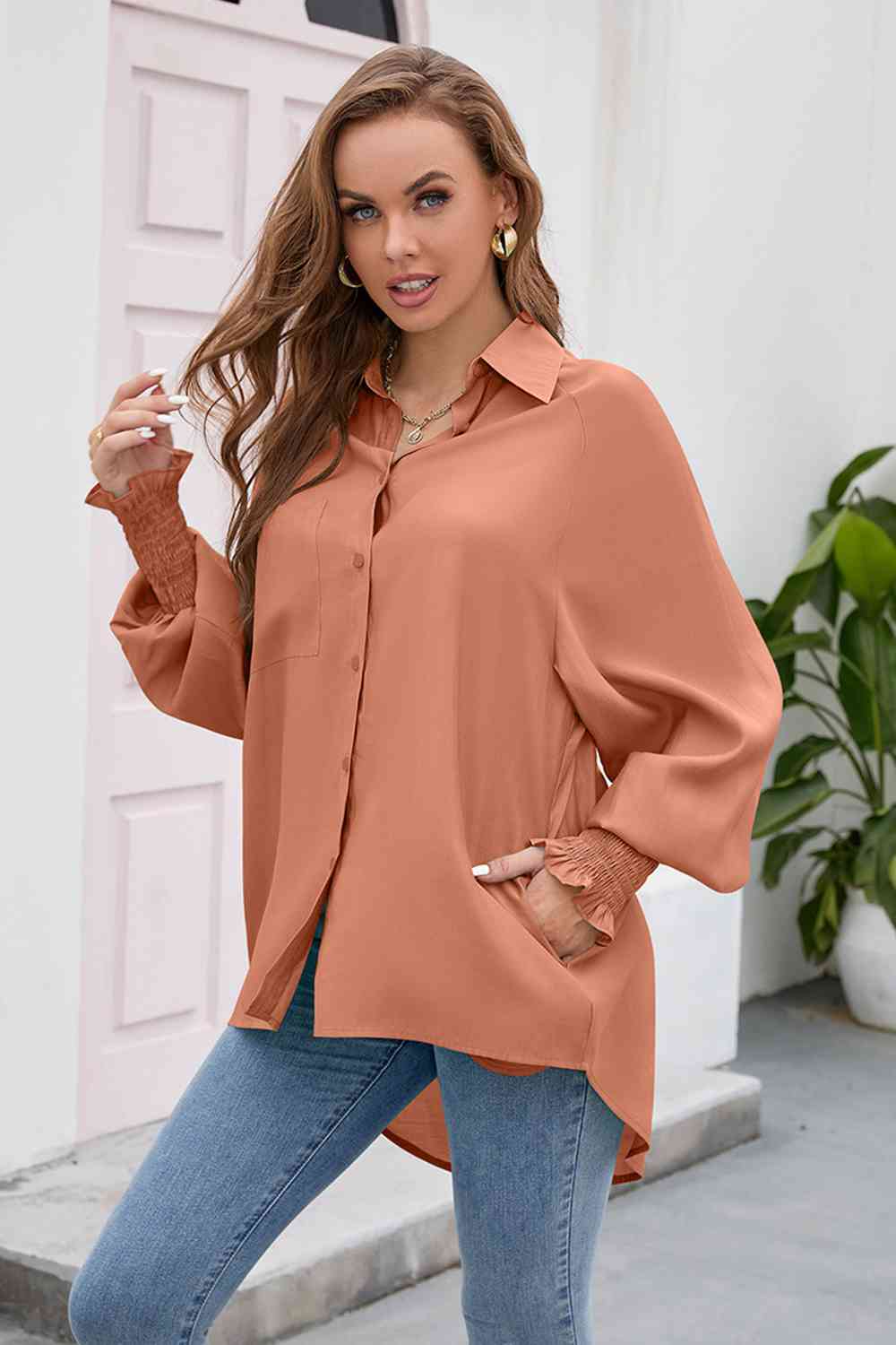 High-Low Collared Neck Lantern Sleeve Shirt BLUE ZONE PLANET