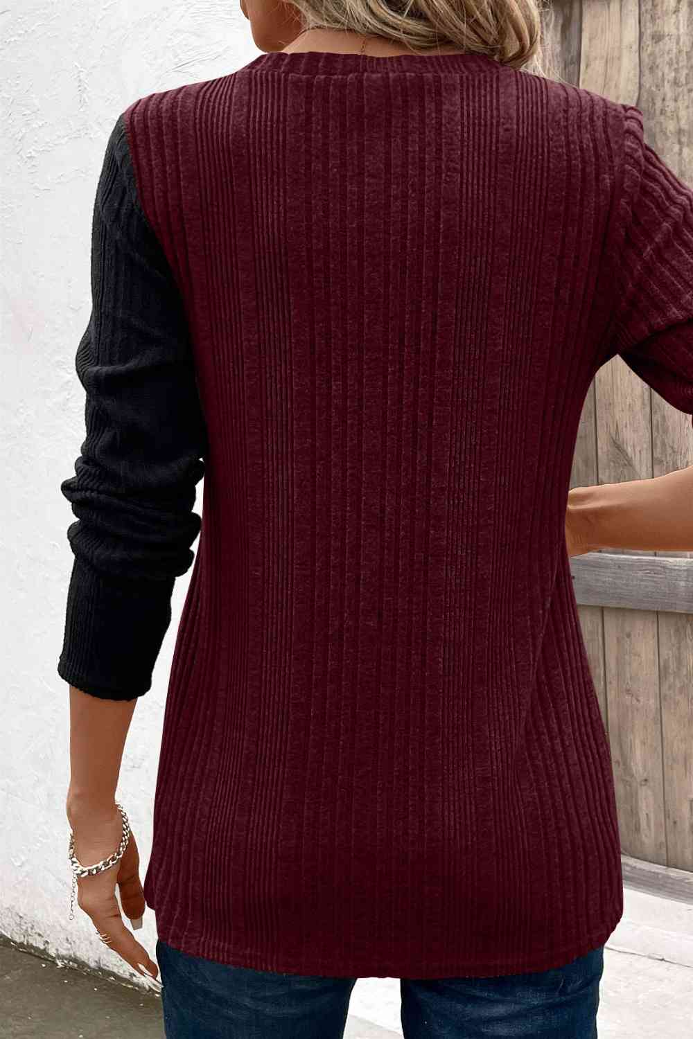 Contrast Long Sleeve Knit Top BLUE ZONE PLANET