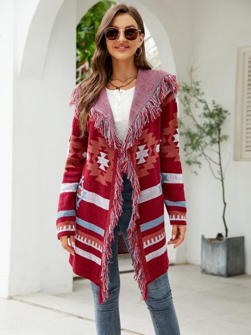 Fringe Geometric Hooded Long Sleeve Cardigan BLUE ZONE PLANET