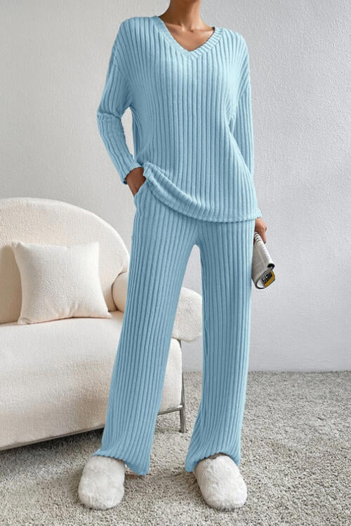 Ribbed V-Neck Top and Pants Set BLUE ZONE PLANET