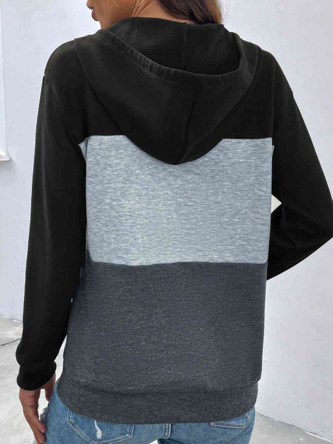 Color Block Drawstring Hoodie with Pocket BLUE ZONE PLANET