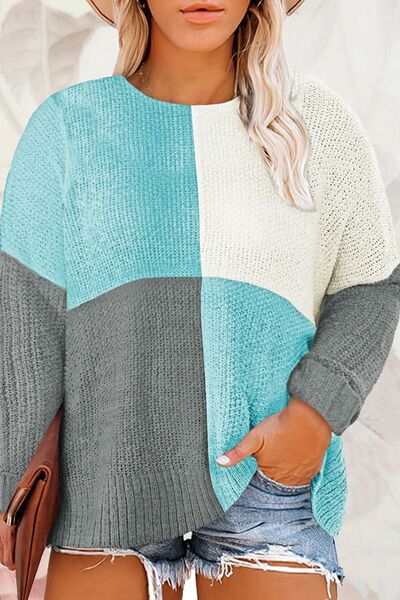 Plus Size Color Block Round Neck Sweater-TOPS / DRESSES-[Adult]-[Female]-Tiffany Blue-1XL-2022 Online Blue Zone Planet