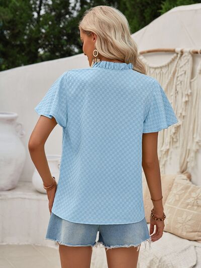 Checkered Notched Flutter Sleeve Blouse BLUE ZONE PLANET