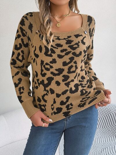 Leopard Buttoned Square Neck Sweater BLUE ZONE PLANET