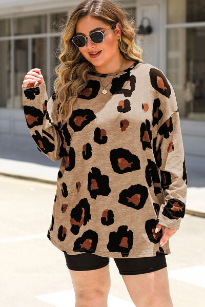 Plus Size Leopard Dropped Shoulder T-Shirt Trendsi