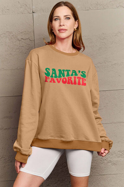 Simply Love Full Size SANTA'S FAVORITE Round Neck Sweatshirt BLUE ZONE PLANET