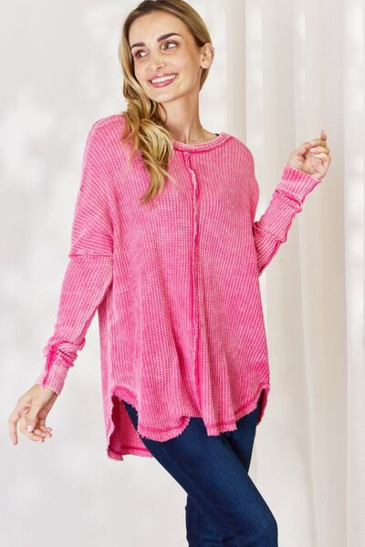 Zenana Oversized Washed Waffle Long Sleeve Top-TOPS / DRESSES-[Adult]-[Female]-Fuchsia-S/M-2022 Online Blue Zone Planet