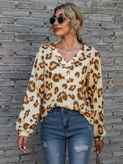 Leopard V-Neck Decorative Button Long Sleeve Blouse-TOPS / DRESSES-[Adult]-[Female]-Chestnut-S-2022 Online Blue Zone Planet