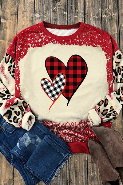 Heart Leopard Round Neck Sweatshirt BLUE ZONE PLANET