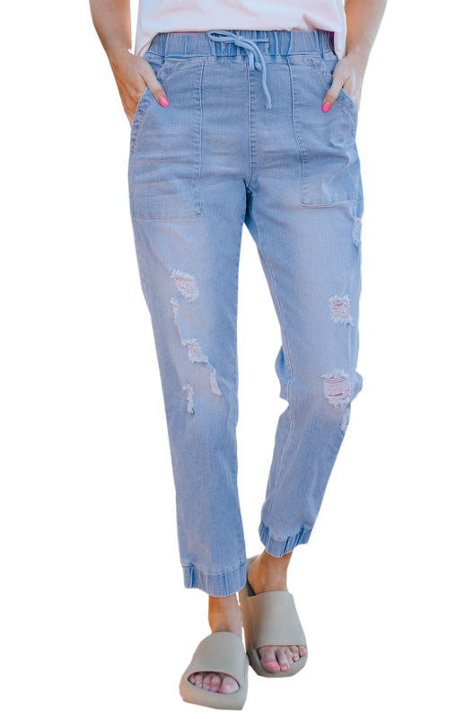 Blue Zone Planet | Relaxed fit Distressed Drawstring Pocketed Joggers Ripped Distressed Jeans-BOTTOM SIZES SMALL MEDIUM LARGE-[Adult]-[Female]-2022 Online Blue Zone Planet