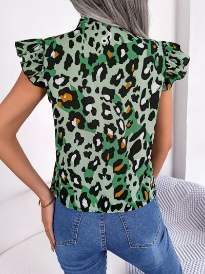 Leopard Tie Neck Cap Sleeve Blouse BLUE ZONE PLANET