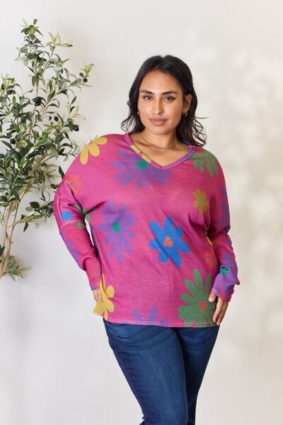 Hopely Full Size Floral V-Neck Long Sleeve Top BLUE ZONE PLANET