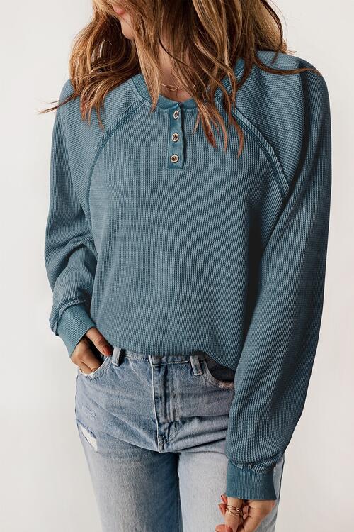 Waffle Knit Raglan Sleeve Henley Sweatshirt BLUE ZONE PLANET