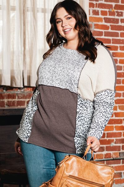 Plus Size Leopard Round Neck Sweatshirt Trendsi